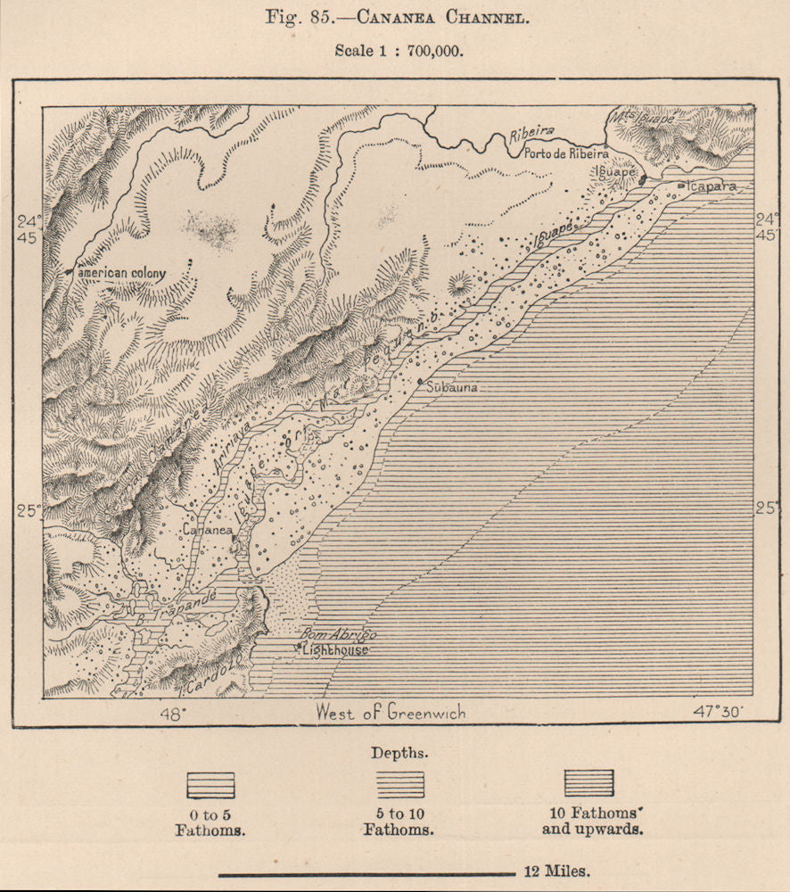 Cananeia Channel.Mar Pequeno.'American colony'.Ilha do Cardoso Brazil 1885 map